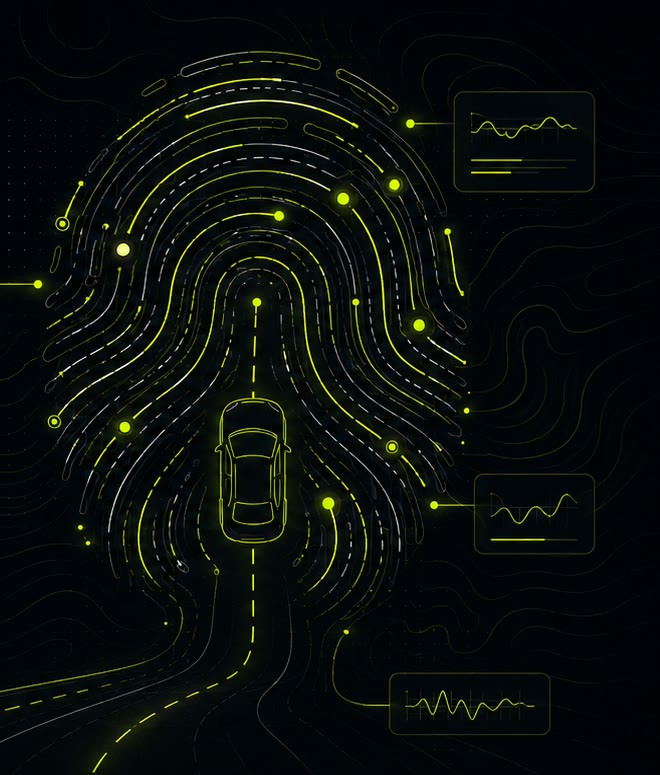 A fingerprint drawn from road lane markings, with a car driving up into its centre